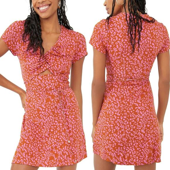 Free People Marsaille Front-Cutout Tie-Waist Dress in Red Leopard Print - Picture 1 of 5